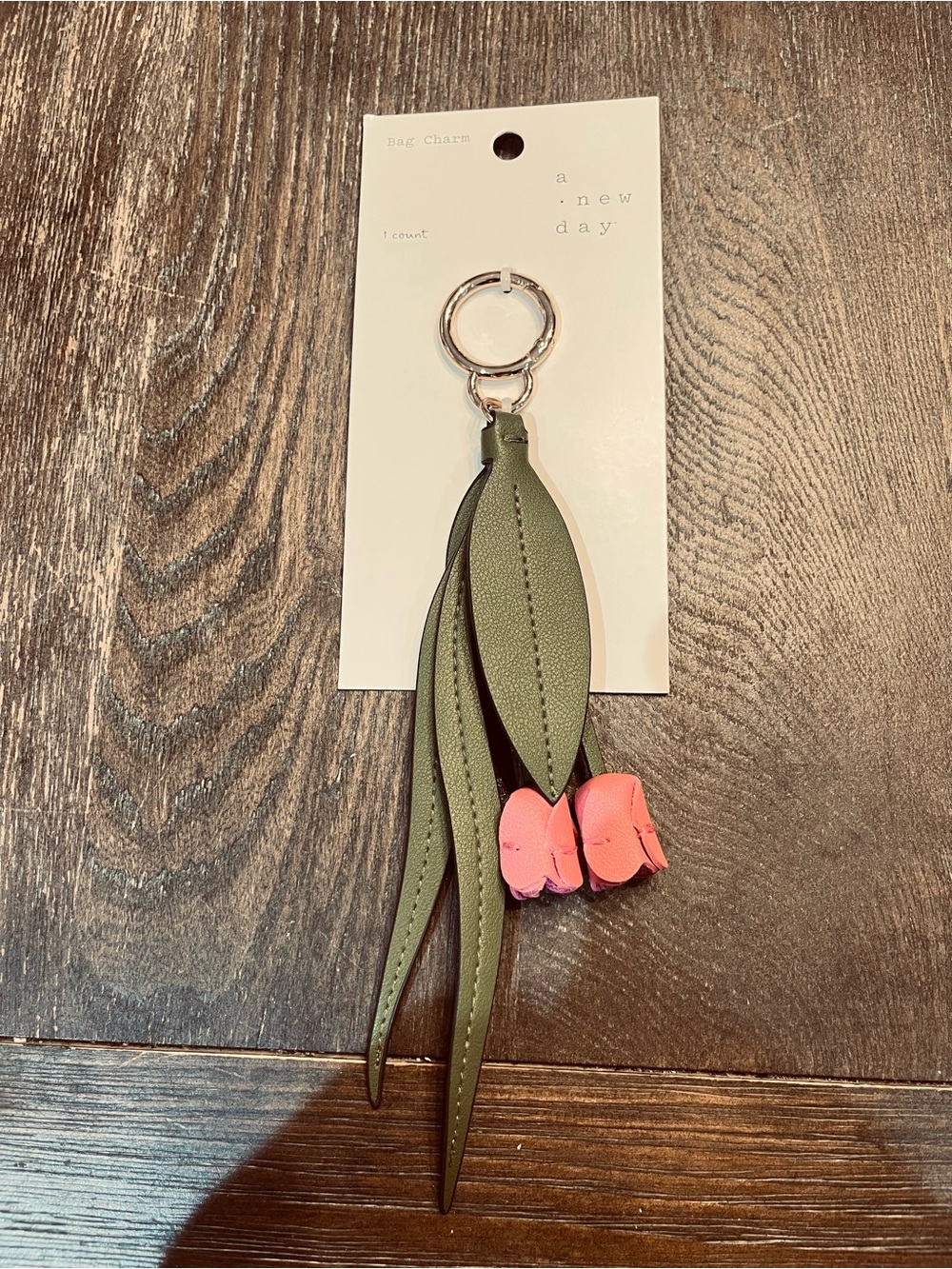 A New Day Green Leaf & Pink Flower Bag Charm Keychain